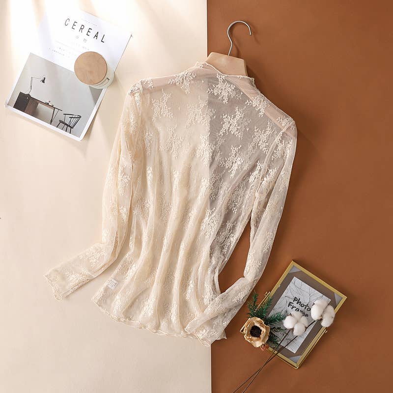 Floral Lace Sheer Mesh Layering Top L- Taupe