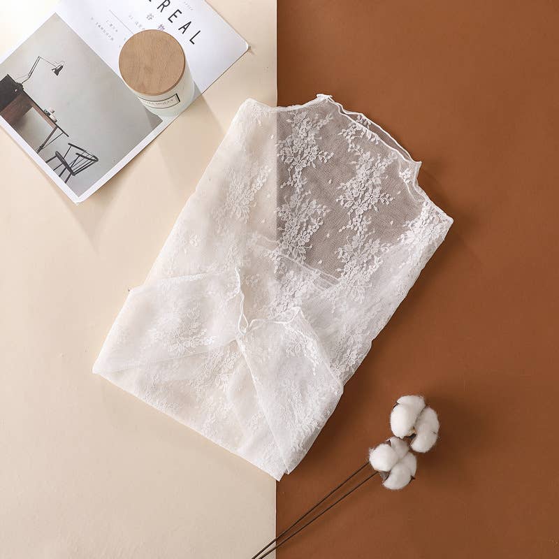 Floral Lace Sheer Mesh Layering Top L- Taupe