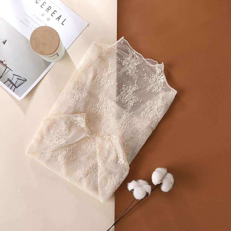 Floral Lace Sheer Mesh Layering Top L- Taupe