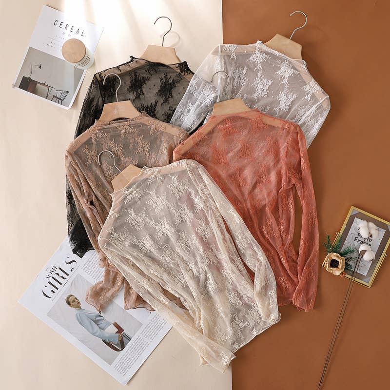 Floral Lace Sheer Mesh Layering Top L- Taupe