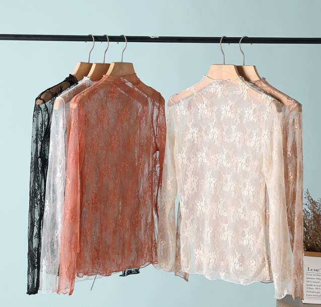 Floral Lace Sheer Mesh Layering Top L- Taupe