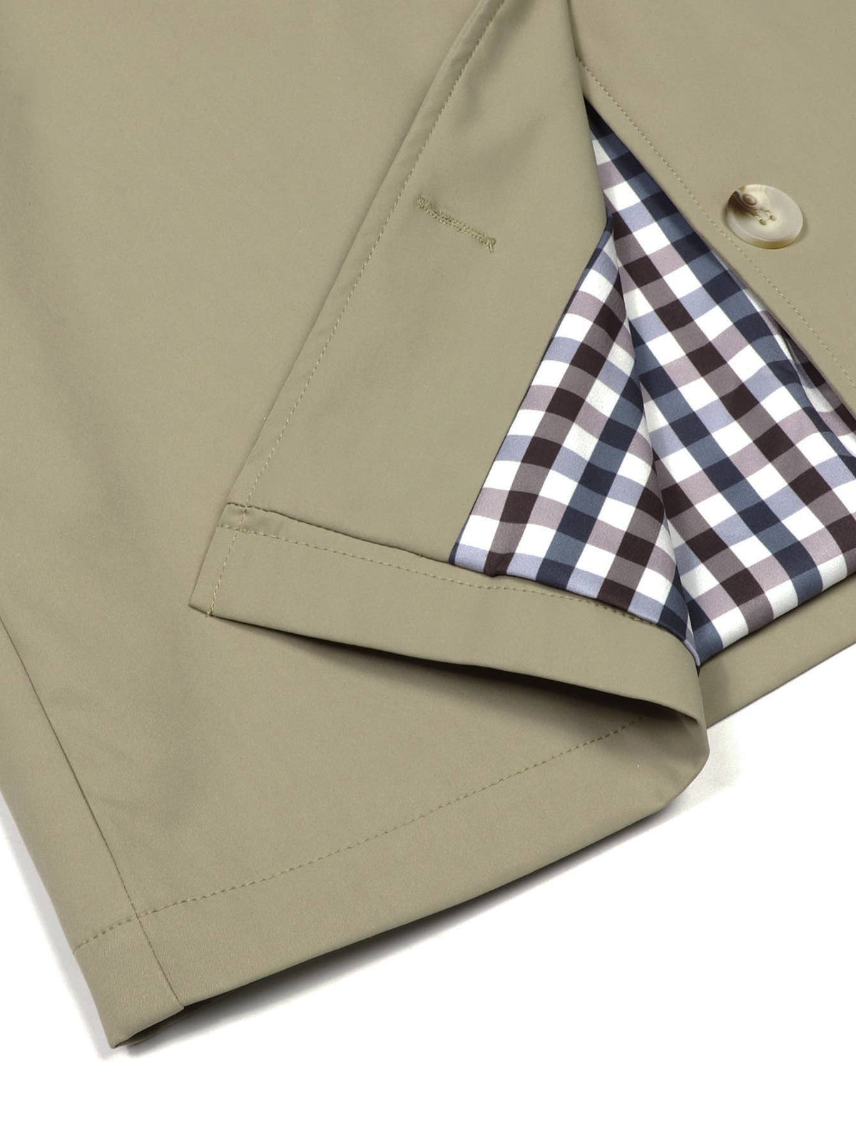 Ruffled Stand-Up Collar Plaid Sleeve Button Crop Jacket: Khaki / S
