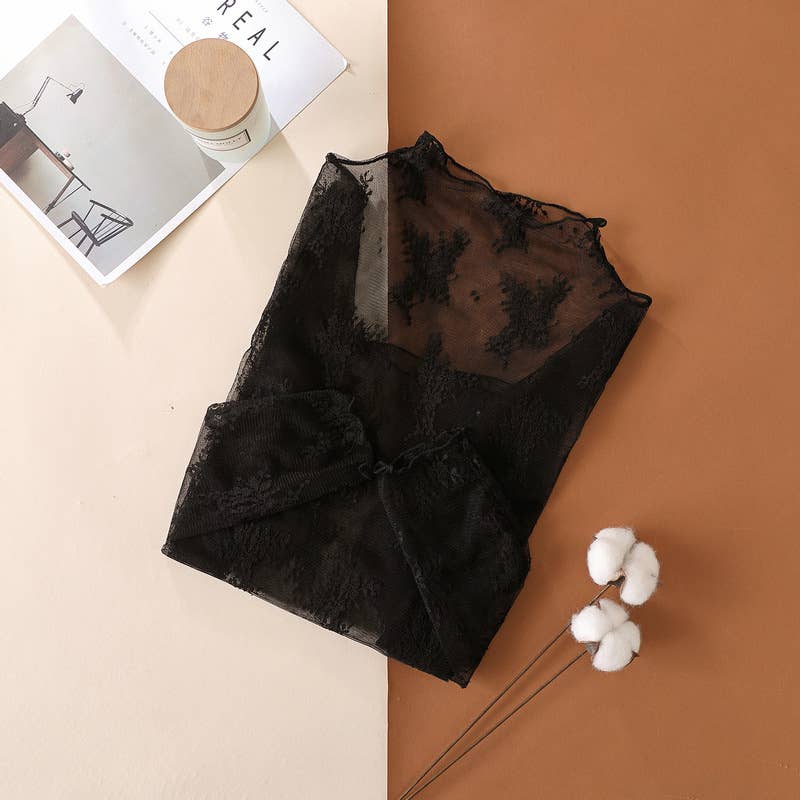 Floral Lace Sheer Mesh Layering Top L- Taupe