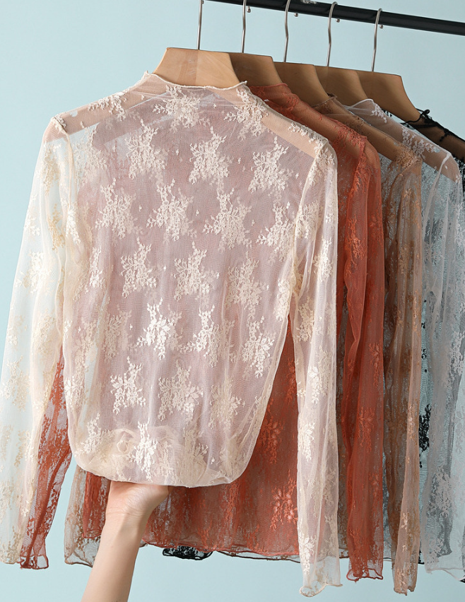 Floral Lace Sheer Mesh Layering Top Medium-taupe
