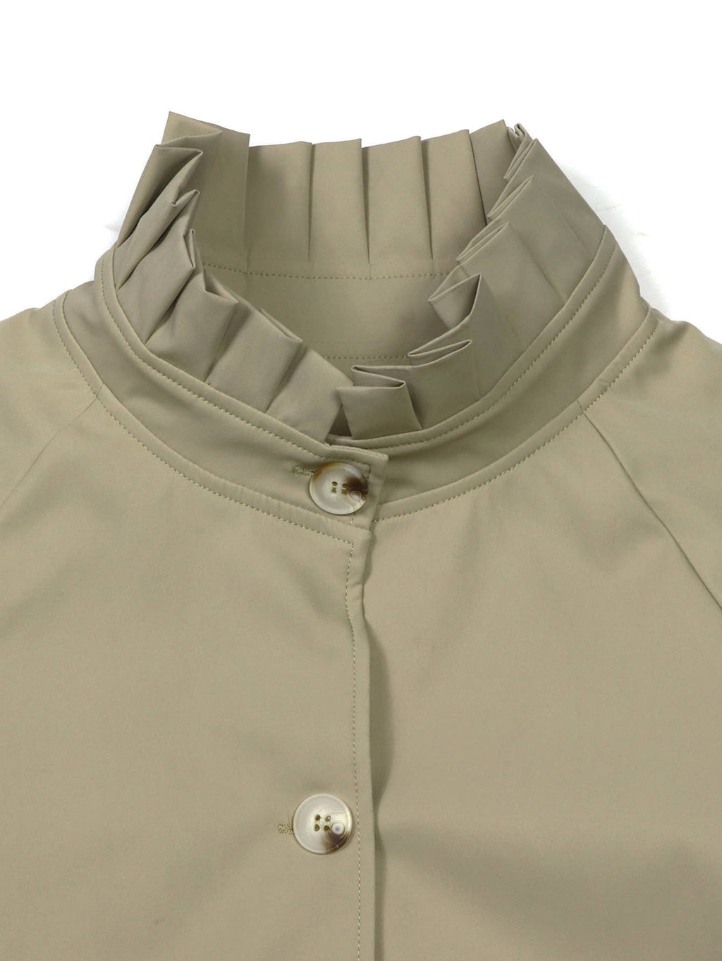 Ruffled Stand-Up Collar Plaid Sleeve Button Crop Jacket: Khaki / S