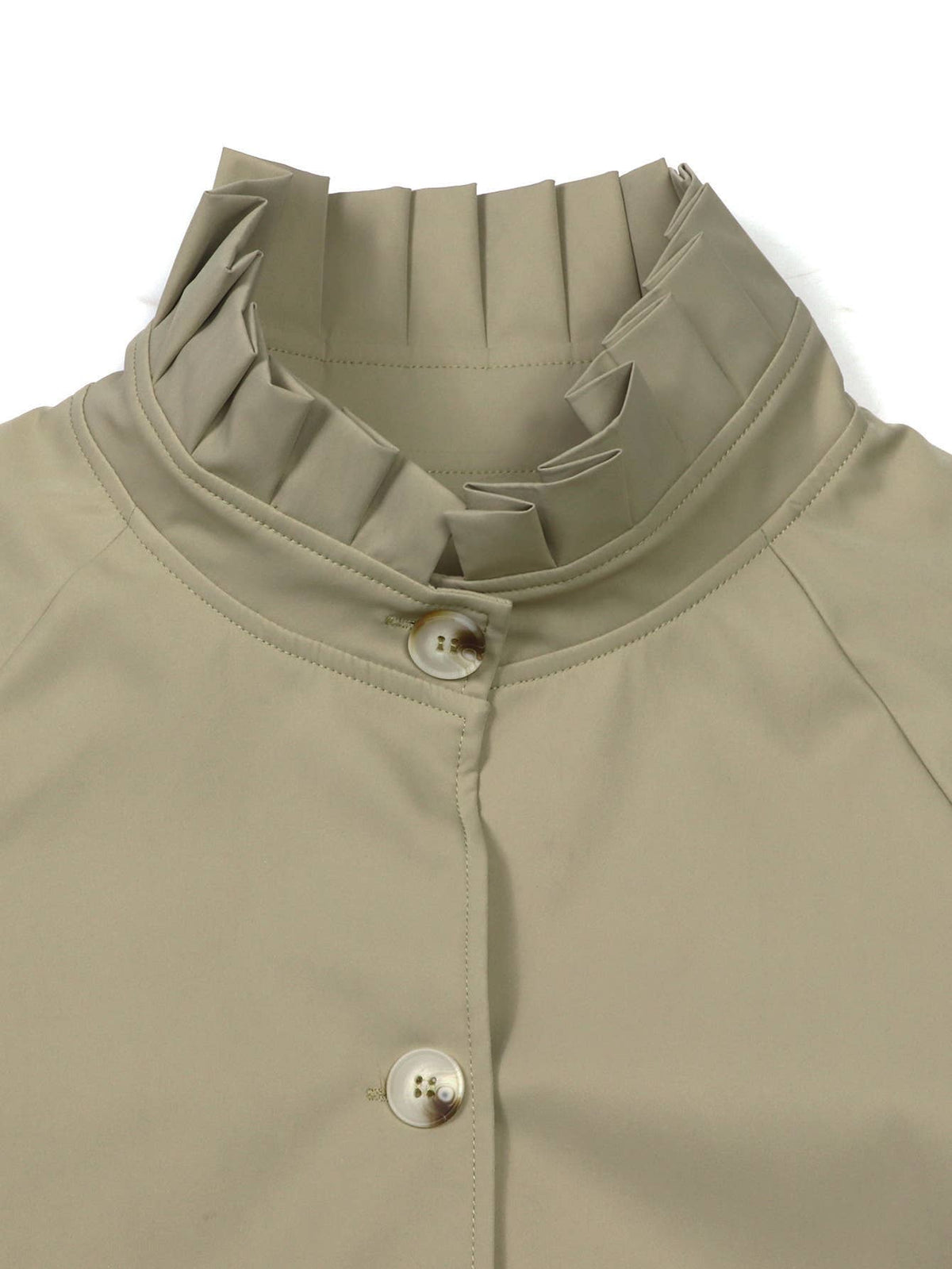 Ruffled Stand-Up Collar Plaid Sleeve Button Crop Jacket: Khaki / S