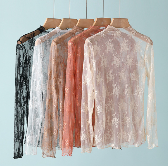 Floral Lace Sheer Mesh Layering Top L- Taupe