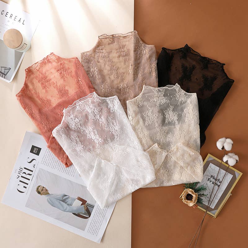 Floral Lace Sheer Mesh Layering Top Medium-taupe