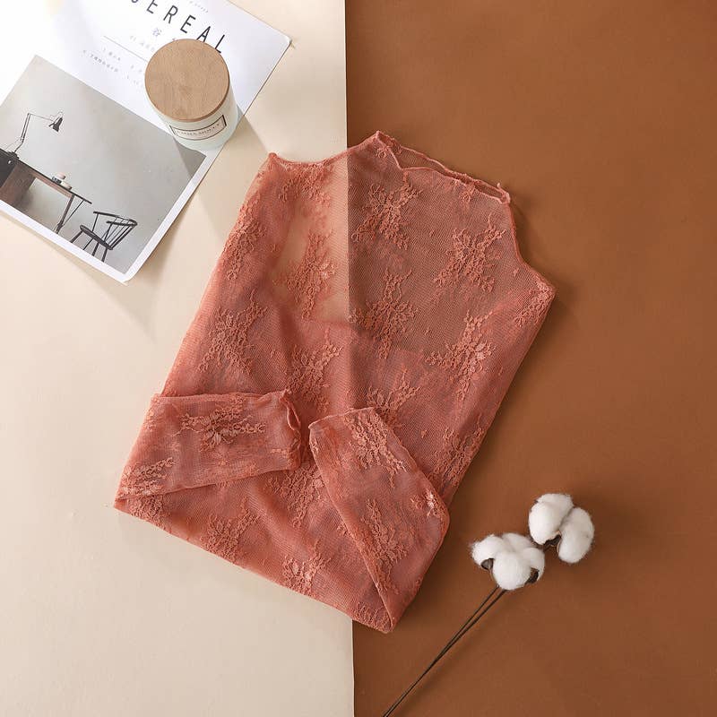 Floral Lace Sheer Mesh Layering Top L- Taupe
