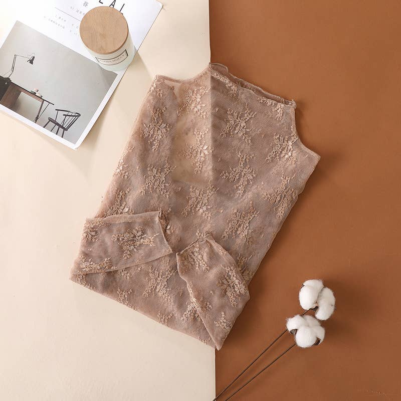 Floral Lace Sheer Mesh Layering Top L- Taupe